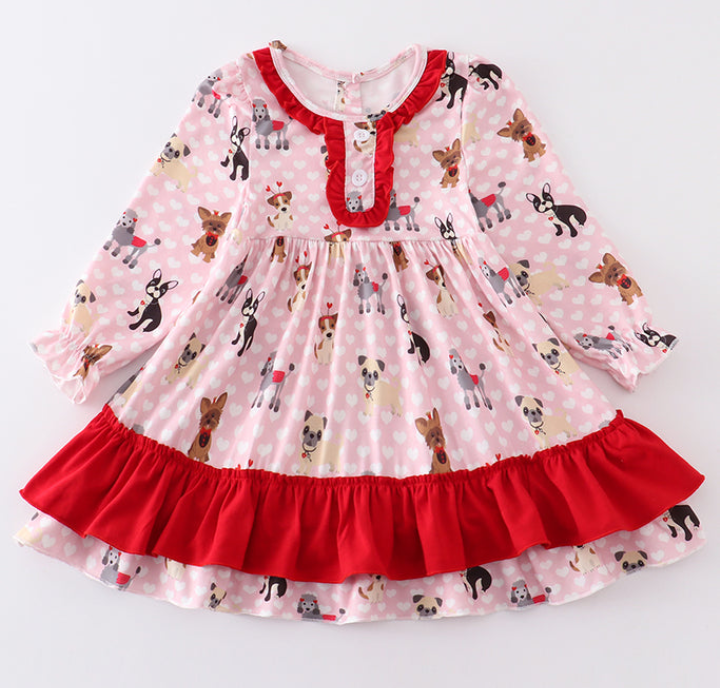 Pink Dog Print With Hearts Girls Dress